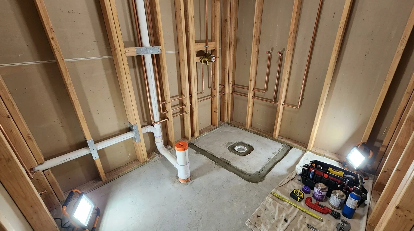 Bathroom rough-in plumbing during remodel by Johns Plumbing LLC in Bedminster