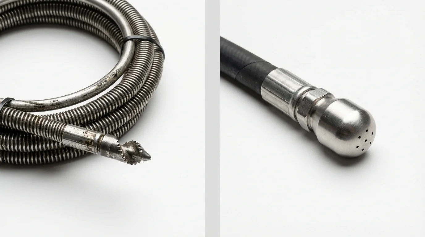 Drain snake cable and hydro jetting nozzle used for drain cleaning in Bedminster, NJ