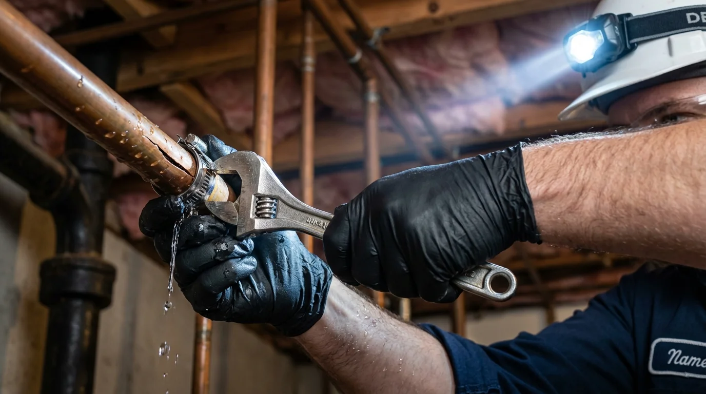 Emergency pipe clamp repair being performed by a Johns Plumbing LLC plumber in Bedminster