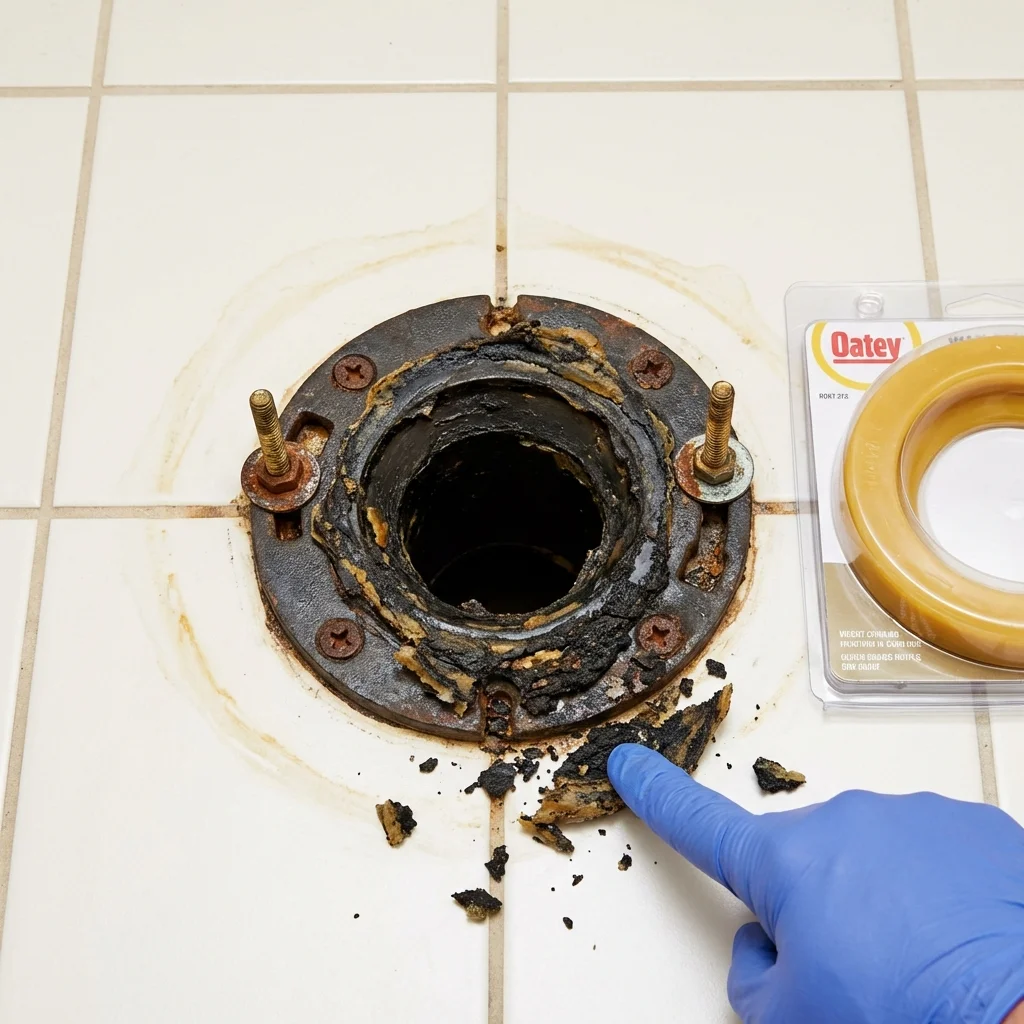 Failed wax ring showing water seepage at the base of a toilet in a Bedminster, NJ home